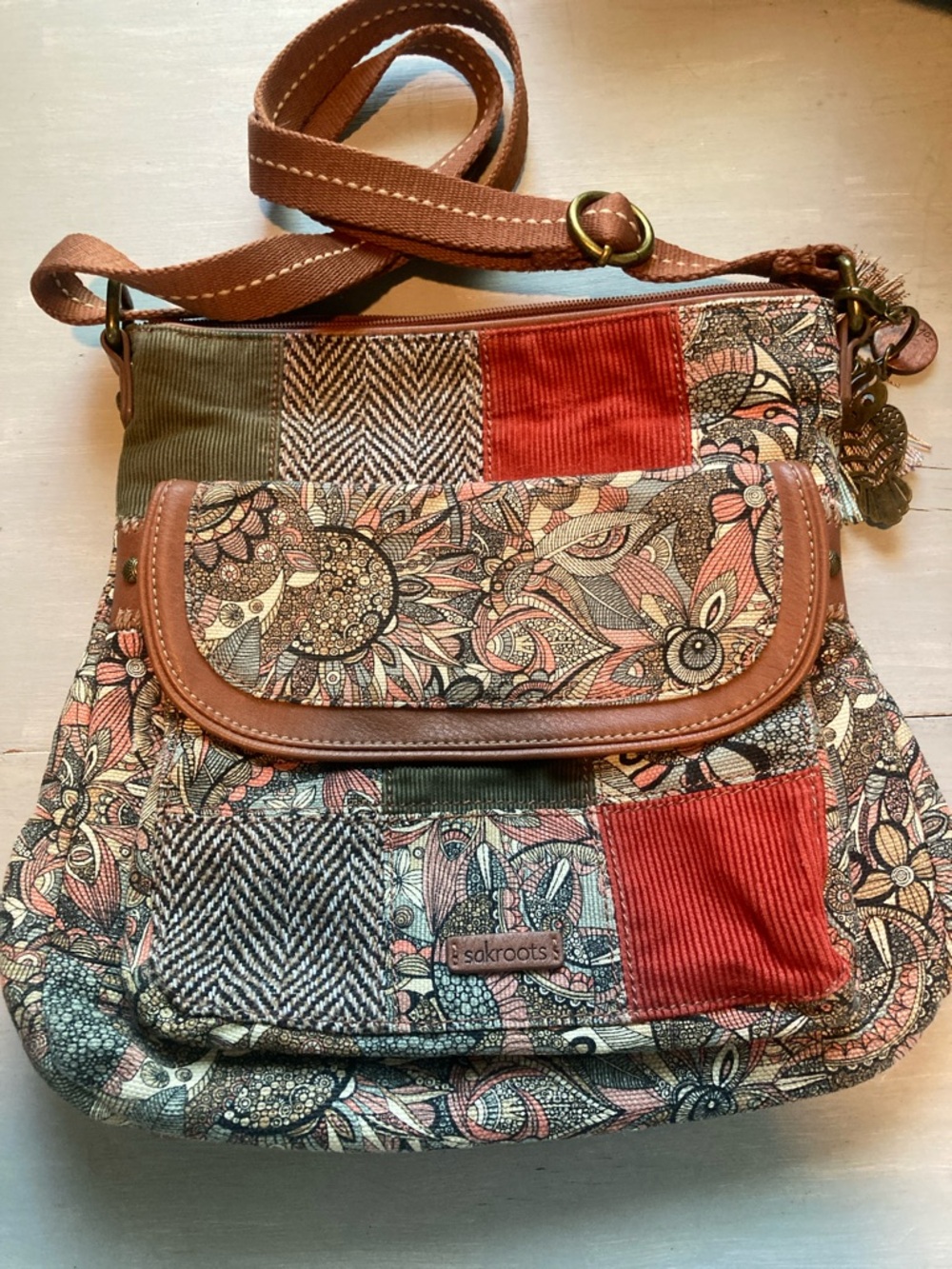 Sakroots Boho Patchwork Crossbody in Coral, Olive, Tan